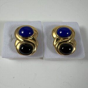 Vintage Kai Yinlo 925 Sterling Silver Clip-On Earrings With Blue & Black Cabocho